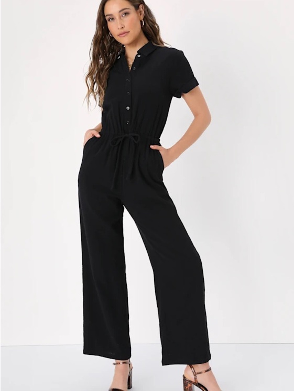 Lulus Laidback Living Black Button-Front Short Sleeve Jumpsuit size Medium